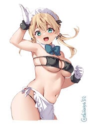 apron aqua_eyes bangs bikini black_bikini blonde_hair bowtie cleavage ebifurya eyepatch_bikini female female_only gloves kantai_collection looking_at_viewer maid_headdress medium_breasts navel open_mouth prinz_eugen_(kantai_collection) smile solo thick_thighs twintails white_gloves