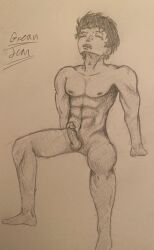 1boy erection male_only metal_bat nude one-punch_man pencil_(artwork) penis shading short_hair testicles traditional_media_(artwork)