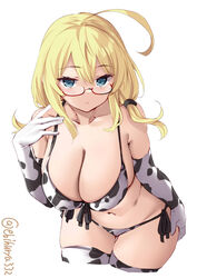 ahoge big_breasts bikini blonde_hair blue_eyes blush cleavage cow_bikini cow_print cow_print_armwear cow_print_thighhighs ebifurya elbow_gloves female female_only glasses gloves hanging_breasts huge_breasts i-8_(kantai_collection) kantai_collection looking_at_viewer red_glasses side-tie_bikini solo thick_thighs thighhighs twintails wide_hips zettai_ryouiki