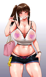 1girls awkward_smile bangs bimbo bite_mark bite_mark_on_shoulder blunt_bangs breasts_bigger_than_head brown_eyes brown_hair cleavage condom_packet_strip crop_top curvaceous curves earrings female female_only girls_und_panzer gradient_background gyaru huge_breasts human leopard_print_panties looking_at_viewer mature mature_female milf navel nishizumi_shiho panties pasties pink_nails purse rasson see-through_top short_shorts shorts side_ponytail slutty_outfit solo solo_female sweat unbuttoned_shorts