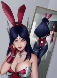 absurdres animal_ears ass blue_eyes breasts female highres hoplitearts huge_ass irelia_xan large_breasts league_of_legends mirror playboy_bunny ponytail rabbit_ears rabbit_tail selfie tail wide_hips