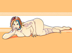 1girls alexis_(numitor) areolae ass barefoot breasts feet gorgon hand_on_face large_ass large_breasts lying multicolored_hair nipples nude numitor on_floor on_stomach painted_nails short_hair snake snake_hair solo touching_face