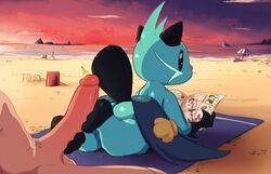 ambiguous_gender anthro ass beach blushbutt detailed_background dewott duo feet foot_fetish foot_play footjob genitals hi_res human interspecies looking_back lutrine male male/ambiguous mammal mustelid nintendo penis pokémon_(species) pokemon pokemon_(species) pokephilia reading seaside sex video_games