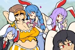 5girls big_belly big_breasts black_hair blonde_hair blue_hair braid breasts bunny_ears bunny_girl bunnygirl chubby_female cleavage clothed_female hat light-skinned_female peace_sign purple_hair red_eyes reisen reisen_udongein_inaba ringo_(touhou) rockorgasm seiran_(touhou) smug smug_face tewi_inaba touhou