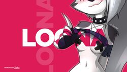 16:9 2021 4k absurd_res anthro breast_shot breasts canid canid_demon character_name clothed clothing clothing_lift collar countershading demon female flashing fur grey_body grey_fur grey_hair hair hellhound helluva_boss hi_res jizoku loona_(helluva_boss) mammal nipple_tape pasties pink_background shirt shirt_lift simple_background smile solo spiked_collar spikes tape text topwear url wallpaper white_body white_countershading widescreen