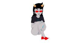 1girls 3d black_hair black_lips butts69420 clothing glasses grey_skin hi_res high_resolution highres homestuck horns illusion_soft jeans knees_up koikatsu long_hair looking_at_viewer ms_paint_adventures nipples no_bra no_socks pussy shirt_lift shirt_up solo teal_nails terezi_pyrope transparent_background troll