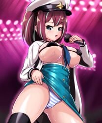 akoya_matama bikini_top biruto black_socks blush breasts embarrassed large_breasts loco_musica mahou_shoujo_ni_akogarete microphone panties singing skimpy_bikini skirt_lift socks sweat thick_thighs thigh_socks thighhighs thighs