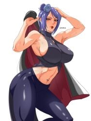 1girls airi_akura akatsuki_(naruto) big_breasts blue_hair blush breasts cleavage cloak coat coat_on_shoulders coat_removed cowboy_shot dress female female_only flower flower_in_hair fully_clothed hair_ornament holding_clothing holding_coat holding_object konan large_breasts makeup mature mature_female midriff naruto naruto_(series) naruto_shippuden navel no_bra orange_eyes pants piercing pinup skimpy skimpy_clothes solo sweat tight_clothing upper_body visible_nipples voluptuous