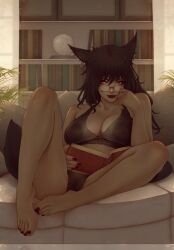 1girls animal_ears book breasts brown_eyes brown_hair cat_ears cat_tail dark-skinned_female dark_brown_hair earrings female female_only final_fantasy final_fantasy_xiv glasses highres indoors large_areolae large_breasts looking_to_the_side miqo'te nail_polish nipples open_book reading_book see-through sitting slit_pupils solo soranamae spread_legs tail underwear