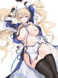 :q absurdres areola_slip arms_up azur_lane black_gloves black_thighhighs blonde_hair blush breasts cleavage closed_mouth crotch facial_mark female female_only fingerless_gloves gloves guam_(azur_lane) heart heart_facial_mark highres huge_breasts licking_lips long_hair long_sleeves looking_at_viewer navel purple_eyes skindentation smile solo thick_thighs thighhighs thighs tongue tongue_out wide_hips