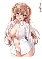 bangs big_breasts blush bottomless cleavage convenient_censoring covered_nipples ebifurya female female_only johnston_(kantai_collection) kantai_collection light_brown_hair long_hair long_sleeves mostly_nude navel no_bra no_panties open_mouth open_shirt partially_clothed solo twintails white_shirt wide_hips