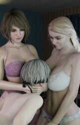 1boy 2girls 3d ashley_graham ashley_graham_(ella_freya) blonde_hair crossover face_in_breasts female femdom gamingarzia hand_on_head high_resolution image lingerie male nier:_automata pushing_head resident_evil resident_evil_4 resident_evil_4_remake resident_evil_8:_village rosemary_winters smiling yorha_9s