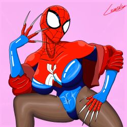 1girls abs big_breasts blue_latex female female_focus genderswap genderswap_(mtf) leggings lewdy long_nails marvel red_body red_clothing red_coat rule_63 self_upload spider-man spider-man_(series) spider-woman