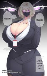 1girls 2024 2d 2d_(artwork) arms_crossed big_breasts big_thighs blonde_hair breasts cleavage cleavage_window coolpsyco106 dialogue dress english english_text facemask female female_focus female_only glowing_eyes hi_res highres hips huge_breasts large_breasts large_thighs light-skinned_female light_skin mask necklace office_clothing office_lady original original_character purple_eyes rosalie_(coolpsyco106) skindentation solo solo_female solo_focus stockings thick_thighs thighs wide_hips