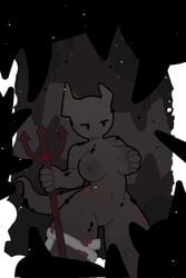 4_fingers areola areolae bandages black_spots blood boobs breast_grab breasts cave curvy curvy_female curvy_figure dark_background dark_body demon demon_girl demon_horns featureless_crotch front_view gem grey_body grey_tail half-closed_eyes holding holding_object large_breasts looking_at_viewer magthender mouthless nipples no_mouth no_nose noseless outline spikes tail thick_thighs thigh_gap thighs trident