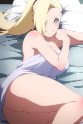 1girls after_sex ai_generated bare_legs bare_shoulders bare_thighs big_breasts blanket blonde_hair blue_eyes blush breasts cleavage completely_nude completely_nude_female covering_with_blanket female female_only huge_breasts ino_yamanaka large_breasts long_hair looking_at_viewer lying lying_on_bed lying_on_side nai_diffusion naruto naruto_(series) naruto_shippuden nude nude_female pale-skinned_female pale_skin ponytail smile solo solo_focus stable_diffusion thick_thighs thighs under_covers very_long_hair violetvitamin white_skin
