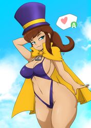 1girls 2019 a_hat_in_time aged_up blue_eyes blush brown_hair cape cleavage clothing female female_only hat hat_adult hat_kid heart large_breasts navel one-piece_swimsuit ponytail smile solo standing swimsuit thighs top_hat zzvinniezz