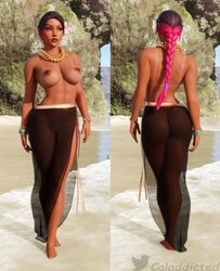 1girls 3d ass beach breasts brown_eyes caladdicted calamity_(fortnite) dark-skinned_female dark_skin eyebrows eyelashes eyeshadow female female_only fortnite fortnite:_battle_royale human long_hair mostly_nude multiple_images naked nipples nude nude_female perky_breasts ponytail posing see-through solo solo_female straight tan_lines two_tone_hair