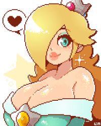 1girls bare_chest bare_shoulders big_breasts bimbo blue_eyes breasts brooch cleavage crown dress eyeshadow female female_only hair_over_one_eye heart legendofnerd lips long_hair long_sleeves mario_(series) nintendo pixel_art platinum_blonde_hair princess_rosalina solo