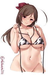 ahoge big_breasts bikini bikini_top bikini_top_removed blush bottomless brown_hair cleavage covered_nipples cow_bikini cow_print ebifurya female female_only hairbow hairclip kantai_collection long_hair looking_at_viewer mamiya_(kantai_collection) mostly_nude navel purple_eyes smile solo underboob untied_bikini wide_hips