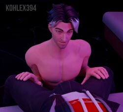 2boys 3d black_and_white_hair bulge bulge_in_pants bulge_through_clothing dilf fortnite gay heterochromia horny horny_male imminent_fellatio imminent_oral kohlex looking_up mature_male maverick_(fortnite) montague_(fortnite) pov pov_crotch scar scar_across_eye shirtless shirtless_male smirk spread_legs topless topless_male two_tone_hair yaoi