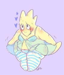 1girls 2015 2d alphys anthro blue_underwear blush chubby chubby_anthro chubby_female cute fat female female_only heart humanoid lizard_girl lizard_humanoid nsfw orangecatslutz pose purple_background solo undertail undertale_(series) yellow_body