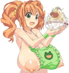 alternative_bust_size apron areolae breast_slip breasts clothing female food green_eyes hadaka_apron hair_ornament huge_breasts idolmaster kasutaso long_breasts nipples open_mouth orange_hair puffy_areolae puffy_nipples simple_background solo takatsuki_yayoi tied_hair twintails upper_body white_background