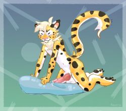 amari anthro balls blush bodily_fluids body_pillow erection felid feline felis fur genital_fluids genitals grinding hair hi_res male male_only mammal nude penis pillow precum serval simple_background smile solo spicyparsley spots spotted_body spotted_fur tuft