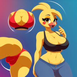 2d 2d_(artwork) ai_generated animatronic anthro ass boob_window breasts cameltoe chicken cute diplive7 female five_nights_at_freddy's jeans multiple_views solo sports_bra sportswear toy_chica_(fnaf) vagina vector_art_style