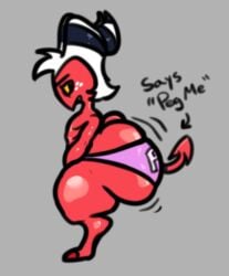 absurd_res anthro ass big_butt clothing demon digital_media_(artwork) gaze_(artist) hair helluva_boss hi_res horn huge_butt humanoid hyper imp male moxxie_(helluva_boss) panties red_body solo tail text thick_thighs underwear white_hair wide_hips