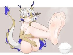 arknights barefoot blush bowl dragon_girl dragon_horns dragon_tail feet female food_on_foot foot_focus highres horns long_hair looking_at_viewer nude pointy_ears rice rice_bowl shu_(arknights) simple_background soles solo tail toes wl217_(nicexa111)