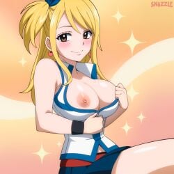 1girls ai_generated armpits arms_up belt blonde_hair blue_ribbon blue_skirt blush breasts brown_eyes closed_mouth collarbone earrings eyelashes fairy_tail hair_ribbon heart_earrings jewelry large_breasts long_hair looking_at_viewer lucy_heartfilia nipples no_bra one_side_up ribbon shirt skirt sleeveless smile smug snazzdaz snazzle solo sparkles undressing