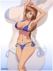 arms_behind_back bandai_namco big_breasts bikini blonde_hair blue_bikini braided_ponytail breasts brown_hair curvaceous dark_skin earrings female jewelry layerth long_hair looking_at_viewer mature_female midriff milf navel smile sophitia_alexandra soul_calibur swimsuit tagme