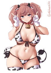 atlanta_(kantai_collection) bangs big_breasts bikini blue_eyes blush cow_bikini cow_ears cow_girl cow_horns cow_print cow_print_thighhighs cow_tail cowbell curvaceous curvy earrings ebifurya female female_only gloves kantai_collection looking_at_viewer navel pink_hair side-tie_bikini solo thick_thighs thighhighs twintails underboob voluptuous white_gloves wide_hips zettai_ryouiki