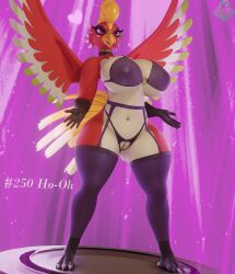 3d_(artwork) anthro big_breasts biped bird_girl bra breasts clothing crotchless_clothing crotchless_panties crotchless_underwear digital_media_(artwork) feathers female garter_belt garter_straps generation_2_pokemon genitals hi_res ho-oh ho-oh_(morethreedee) huge_breasts legendary_pokemon legwear navel nintendo panties pokemon pokemon_(species) pussy red_body red_feathers solo thick_thighs thigh_highs underwear xlkev