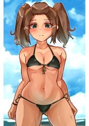 belly_button bikini bikini_bottom bikini_top blush breasts brown_hair female female_only green_eyes looking_at_viewer monolith_soft navel nintendo oniisan02b shania_(xenoblade) small_breasts solo solo_female swimsuit twintails two_piece_swimsuit xenoblade_(series) xenoblade_chronicles_3