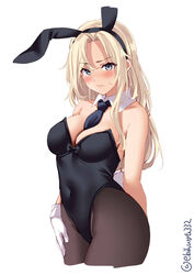 arm_behind_back blonde_hair blush bunny_ears bunny_tail bunnysuit cleavage ebifurya female female_only gloves grey_eyes highleg highleg_leotard hornet_(kantai_collection) kantai_collection long_hair looking_at_viewer medium_breasts navel necktie pantyhose solo white_gloves