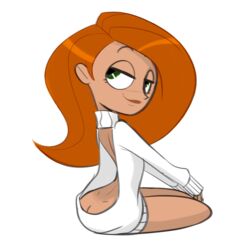 1girls ass_cleavage brokenlynx butt butt_crack disney disney_channel female green_eyes kim_possible kimberly_ann_possible looking_at_viewer meme orange_hair partially_clothed rear_view solo virgin_killer_sweater white_background