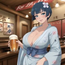 ai_generated alcohol bar beer blue_eyes blue_hair cleavage hair_flower kimono looking_at_viewer pub senran_kagura senran_kagura_(series) short_hair stable_diffusion yozakura_(senran_kagura)