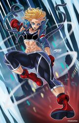 1girls abs big_breasts blonde_hair blue_eyes cammy_white capcom clothed clothing color darkereve female female_focus female_only fight fighting fit_female gloves hi_res jacket kicking large_breasts light-skinned_female light_skin muscles muscular muscular_female muscular_legs scar short_hair solo solo_female street_fighter street_fighter_6 tagme thick_thighs