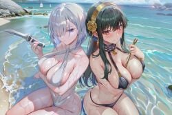 2girls ai_generated beach big_breasts bikini black-haired_female black_hair blush cyan_de_(artist) dagger female female_only fiona_frost human human_female large_breasts lesbian_couple light-skinned_female mature_female multiple_girls nightfall_(spy_x_family) ocean purple_eyes red_eyes short-haired_female short_hair slim_waist spy_x_family thorn_princess white-haired_female white_hair wide_hips yor_briar yor_forger yuri