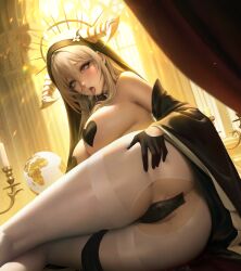 ahe_gao artist_request ass azur_lane bare_shoulders black_gloves black_panties blonde_hair breasts candlestand chinese_commentary cleavage crotchless crotchless_pantyhose fake_horns female from_behind globe gloves hair_between_eyes half_gloves halo hand_on_own_ass heart_pasties horns huge_breasts implacable_(azur_lane) indoors long_hair looking_at_viewer lying nun on_side panties pantyhose pasties pussy_juice red_eyes rolling_eyes saliva saliva_trail solo thighband_pantyhose tongue tongue_out underwear user_tjee7473 veil very_long_hair white_horns white_pantyhose