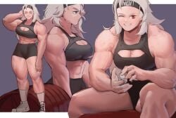 1girls clothed dorohedoro gym_clothes headband light-skinned_female light_skin muscular muscular_female noi_(dorohedoro) red_eyes thick_thighs weightlifting white_hair workout_clothes zukululuu