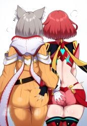 2girls ai_generated ass_grab curvy deep_skin female/female female_focus female_only from_behind girls girls_only grabbing_another's_ass groping hand_on_another's_ass head_back jumpsuit lesbian motion_lines nia nia_(xenoblade) notice_lines novelai nsfw only_female pussy_juice pyra pyra_(xenoblade) red_legwear red_shorts ribbed_jumpsuit robofun side-by-side standing steaming_body thick xenoblade_(series) xenoblade_chronicles_2 yuri