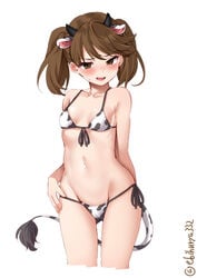 arm_behind_back bikini blush brown_eyes brown_hair cameltoe cow_bikini cow_ears cow_girl cow_horns cow_print cow_tail ebifurya embarrassed female female_only kantai_collection navel ryuujou_(kantai_collection) side-tie_bikini small_breasts solo sweatdrop twintails wide_hips