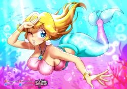 1girls ass breasts bubbles dcon earrings female jewelry looking_at_viewer mario_(series) mermaid mermaid_peach mermaid_tail necklace nintendo ocean princess_peach princess_peach:_showtime! sasatseng sea solo swimming underwater water