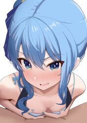 1boy 1girls aqua_hair bikini blue_bikini blue_eyes blue_hair blue_nails blush breasts censored choker commentary_request cute eye_contact eyelashes female fringe highres hololive hololive_gen_0 hololive_japan hololive_summer_2023_swimsuit hoshimachi_suisei imminent_oral long_hair looking_at_viewer mosaic_censoring nail_polish naizuri official_alternate_costume open_mouth oral paizuri paizuri_under_clothes pale-skinned_female petite pov shoreen54 side_ponytail skinny slim small_breasts small_penis smile star_(symbol) star_in_eye swimsuit symbol_in_eye teenager virtual_youtuber white_background young