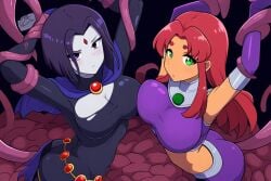 2girls ai_generated arms_above_head blush breast_press cartoon_network cleavage dc dc_comics defeated female goth imminent_rape koriand'r multiple_girls novelai rachel_roth raven_(dc) red_hair ripped_clothing starfire tamaranean teen_titans tentacle