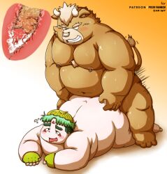 2024 anal anthro belly big_belly bodily_fluids bovid bovine cattle cum debudave_12 duo facial_piercing genital_fluids genitals green_hair hair hi_res human human_on_anthro interspecies kemono male male/male mammal moobs nipples nose_piercing nose_ring overweight overweight_male penis piercing ring_piercing sex simple_background tongue tongue_out