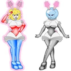 assimilation bunny_ears bunny_girl bunny_tail cleavage helmet high_heel_boots high_heels huge_ass huge_breasts implied_transformation leotard post_transformation scarlet-nekomata spacesuit thick_thighs thigh_boots transformation wide_hips